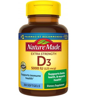 Nature Made Extra Strength Vitamin D3 5000 IU Softgels (125 mcg), 360 Count