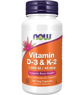 NOW Supplements, Vitamin D-3 & K-2, 1,000 IU/45 mcg, 120 Veg Capsules