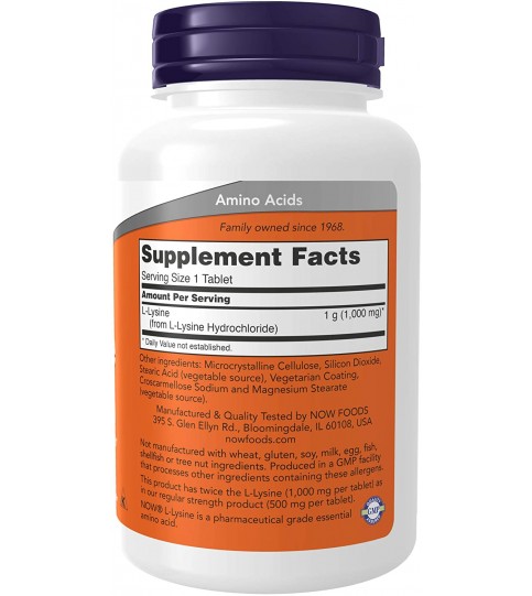 NOW Foods Supplements, L-Lysine 1,000 mg, Double Strength, Amino Acid, 100 Tablets