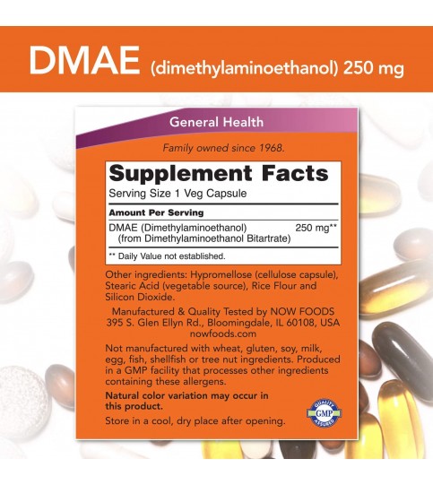 NOW Supplements, DMAE (Dimethylaminoethanol) 250 mg, 100 Veg Capsules