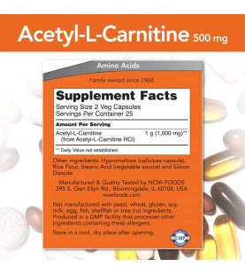 NOW Supplements, Acetyl-L Carnitine 500 mg, 50 Veg Capsules