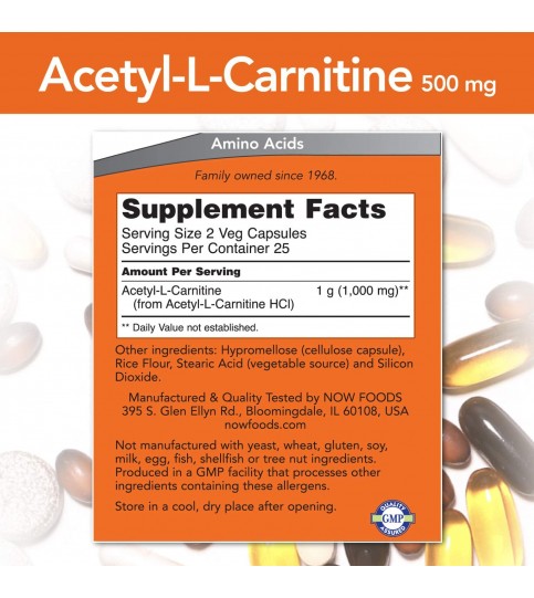 NOW Supplements, Acetyl-L Carnitine 500 mg, 50 Veg Capsules