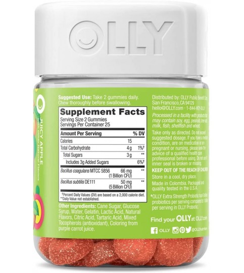 OLLY Extra Strength Probiotic, 25 Day Supply (50 Gummies), Juicy Apple