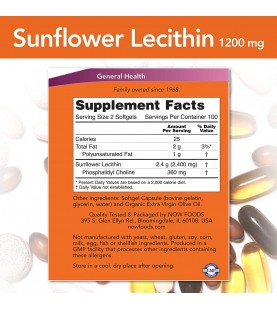 NOW Foods Supplements, Sunflower Lecithin 1200 mg, 200 Softgels