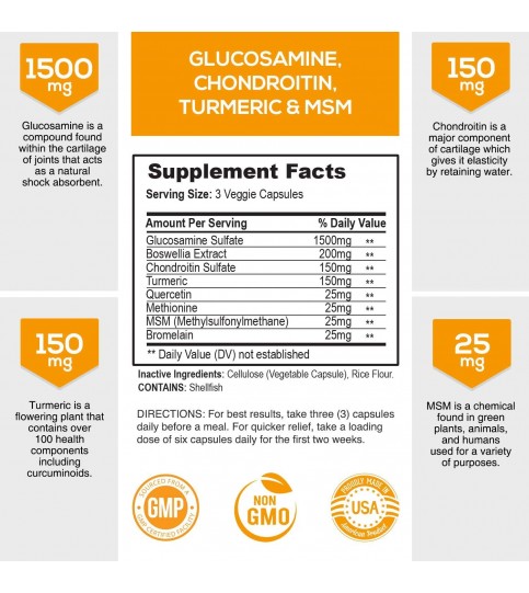 Glucosamine with Chondroitin Turmeric MSM Supplement - 60 Capsules