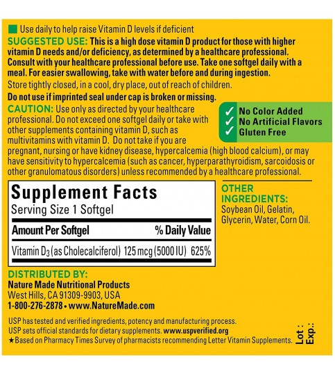 Nature Made Extra Strength Vitamin D3 5000 IU (125 mcg), 180 Count