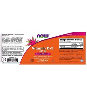 NOW Supplements, Vitamin D-3 400 IU, 180 Softgels