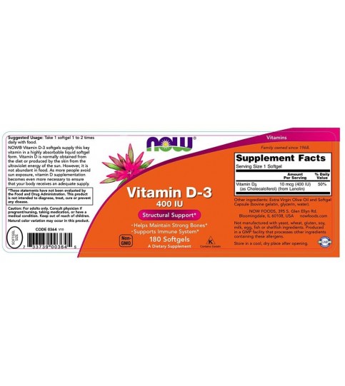 NOW Supplements, Vitamin D-3 400 IU, 180 Softgels