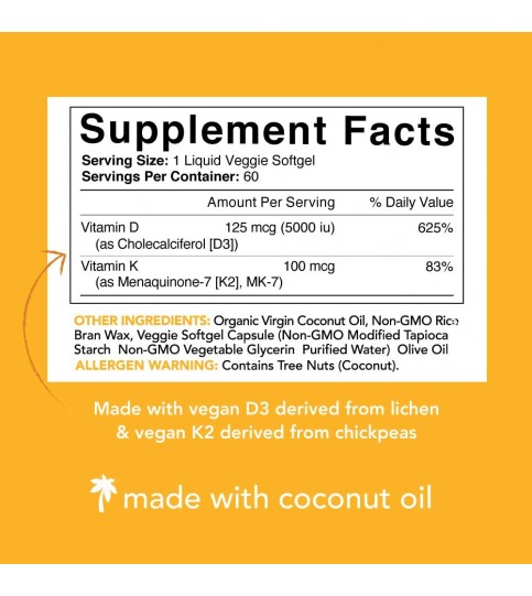 Vitamin D3 + K2 with Organic Coconut Oil - 60 Veggie Softgels