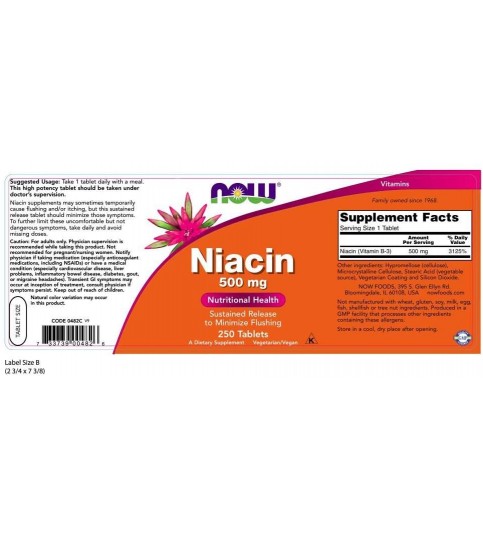 NOW Supplements, Niacin (Vitamin B-3) 500 mg, 250 Tablets