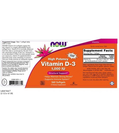 NOW Supplements, Vitamin D-3 1,000 IU, High Potency, 360 Softgels