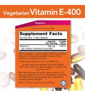 NOW Supplements, Vitamin E-400 IU D-Alpha Tocopheryl, 100 Veg Capsules