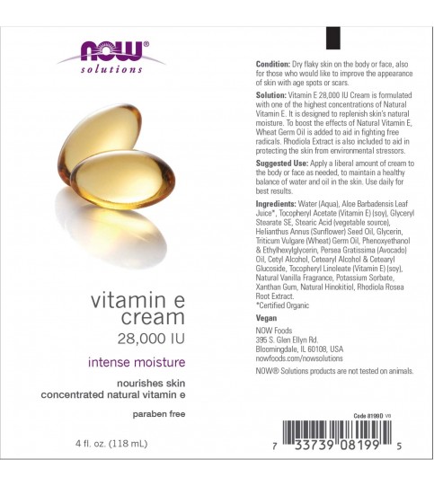 NOW Solutions, Vitamin E Cream 28,000 IU, Intense Moisture, 4-Ounce