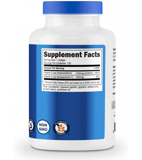 Nutricost Vitamin K2 (MK7) (100mcg) + Vitamin D3 (5000 IU) 120 Softgels