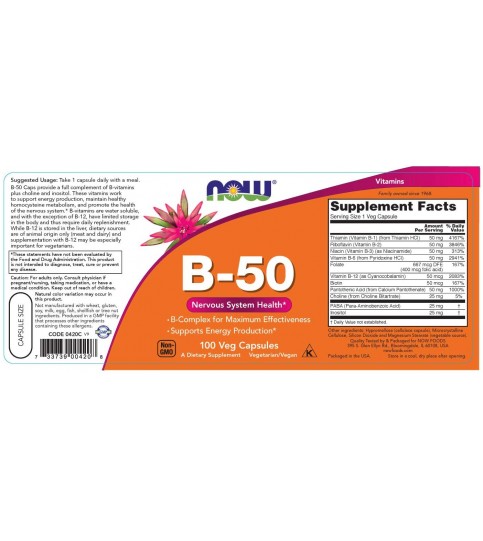 NOW Supplements, Vitamin B-50 mg, Nervous System Health, 100 Veg Capsules