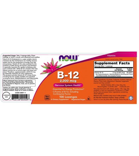 NOW Supplements, B-12 2,000 mcg, Energy Production, Nervous System Health, 100 Lozenges