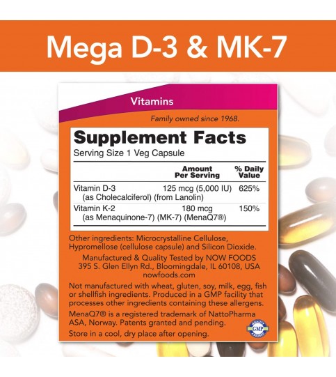 NOW Supplements, Mega D-3 & MK-7, 60 Veg Capsules