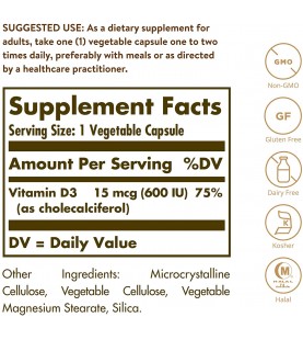 Vitamin D3 (Cholecalciferol) 15 mcg (600 IU) Vegetable Capsules - 120 Count