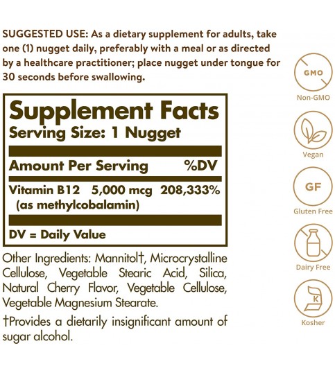 Solgar Methylcobalamin (Vitamin B12) 5000 mcg, 60 Nuggets