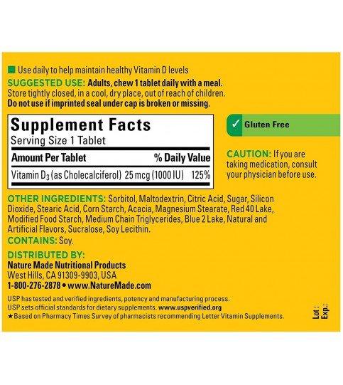 Nature Made Vitamin D3 1000 IU (25mcg) Chewable Tablets, 120 Count