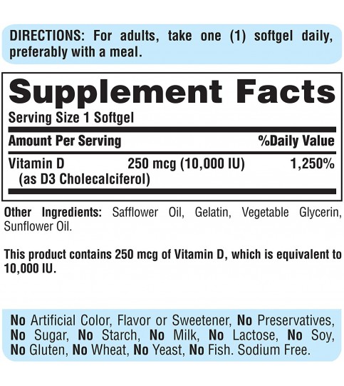 Vitamin D3 10,000 IU Bolsters Immune Health, 100 Softgels