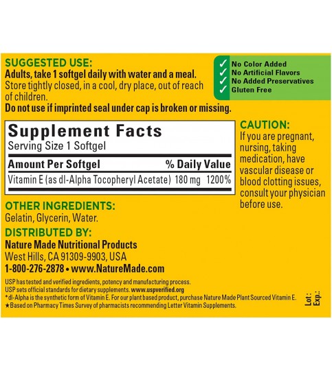 Nature Made Vitamin E 180 mg (400 IU) dl-Alpha Softgels, 180 Count