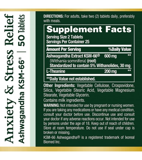 Nature's Bounty Anxiety & Stress Relief Ashwagandha Ksm-66 Tablets, 50 Count