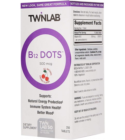 Twinlab B-12 Vitamin Supplement 500 MCG Dots - 250 B Vitamins Lozenges