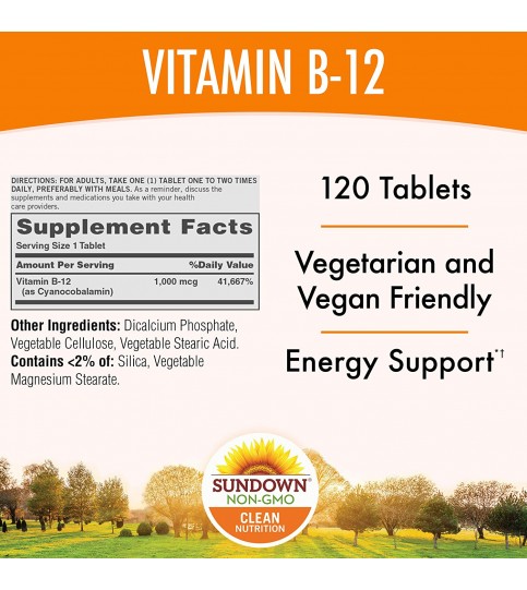 Sundown Vitamin B-12, Energy Support, Artificial Flavors 120 Count