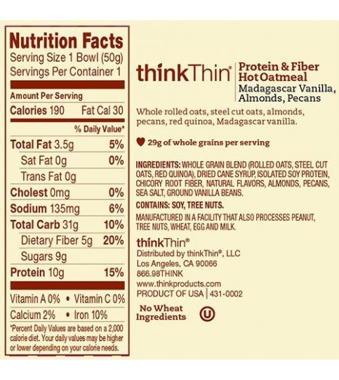 ThinkThin Madagascar Vanilla Oatmeal Single Serve (6x1.76 OZ)