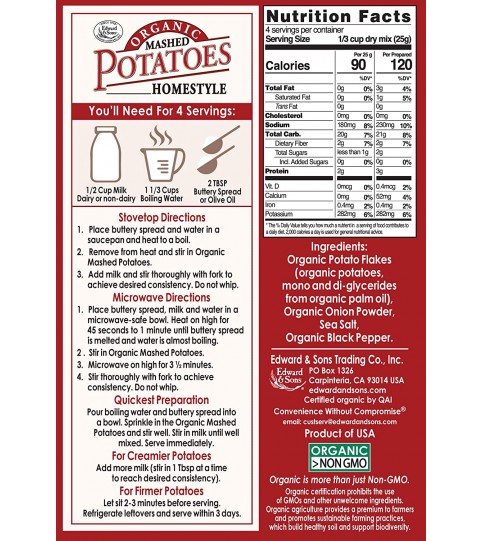 Edward & Sons Organic Mashed Potatoes Home Style, 3.5 Ounce Boxes (Pack of 6)